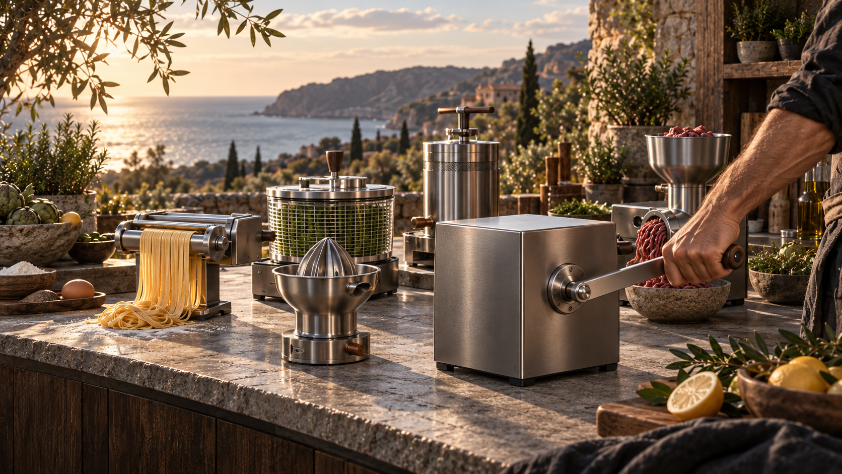 Human-powered kitchen system with crank module and stainless-steel accessories in an outdoor kitchen
