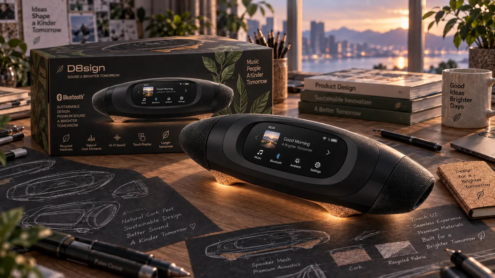 Sustainable audio product concept with cork details and its packaging