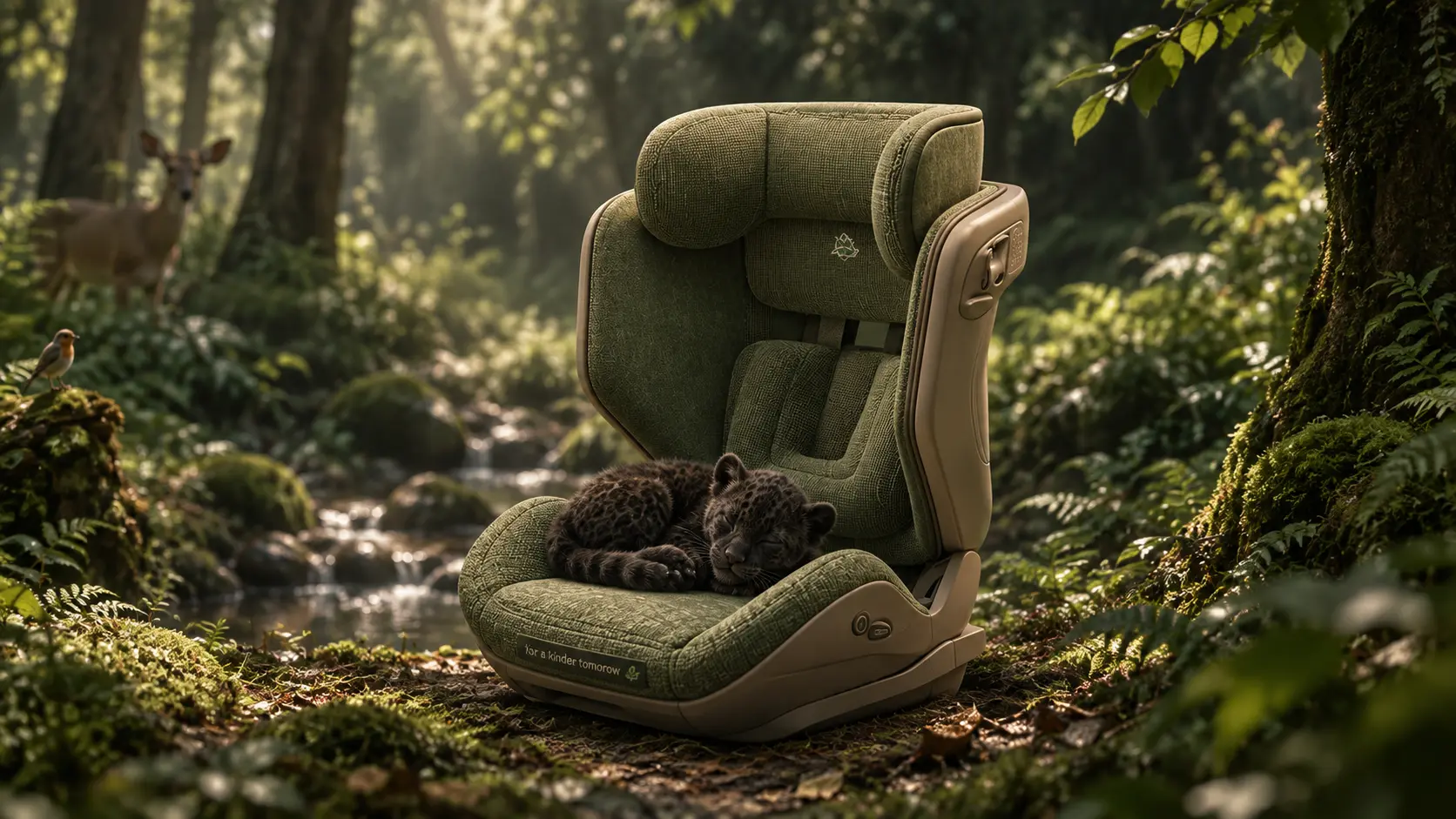 Child seat concept using nature-inspired materials in a forest setting