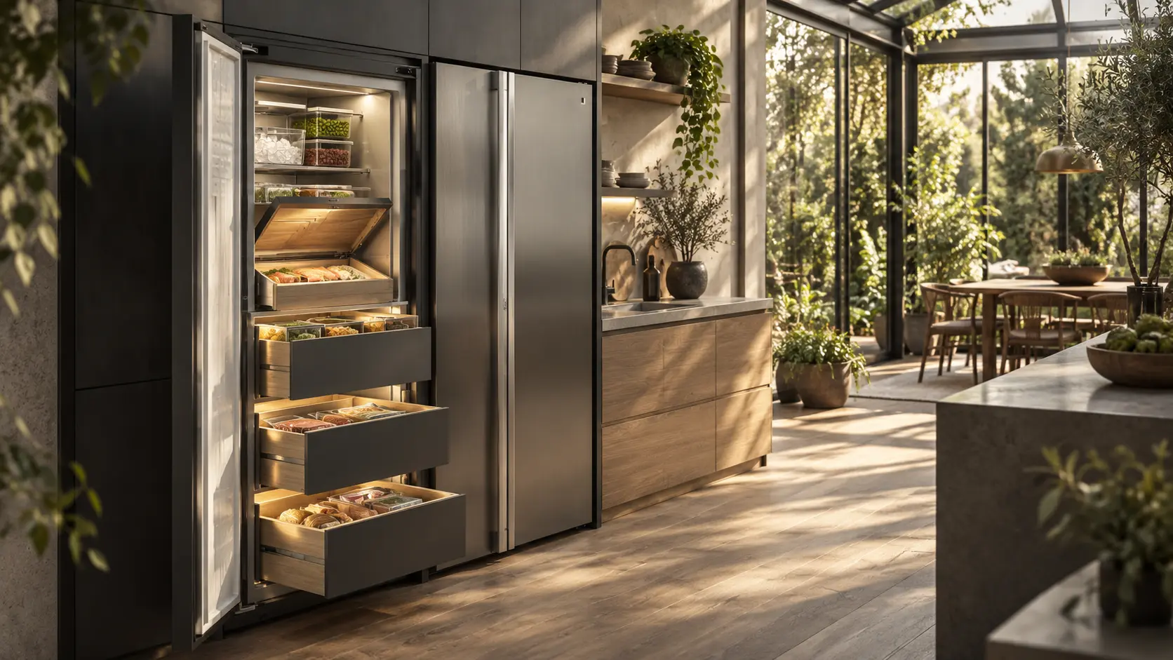 Integrated food-preservation appliance in a nature-connected kitchen