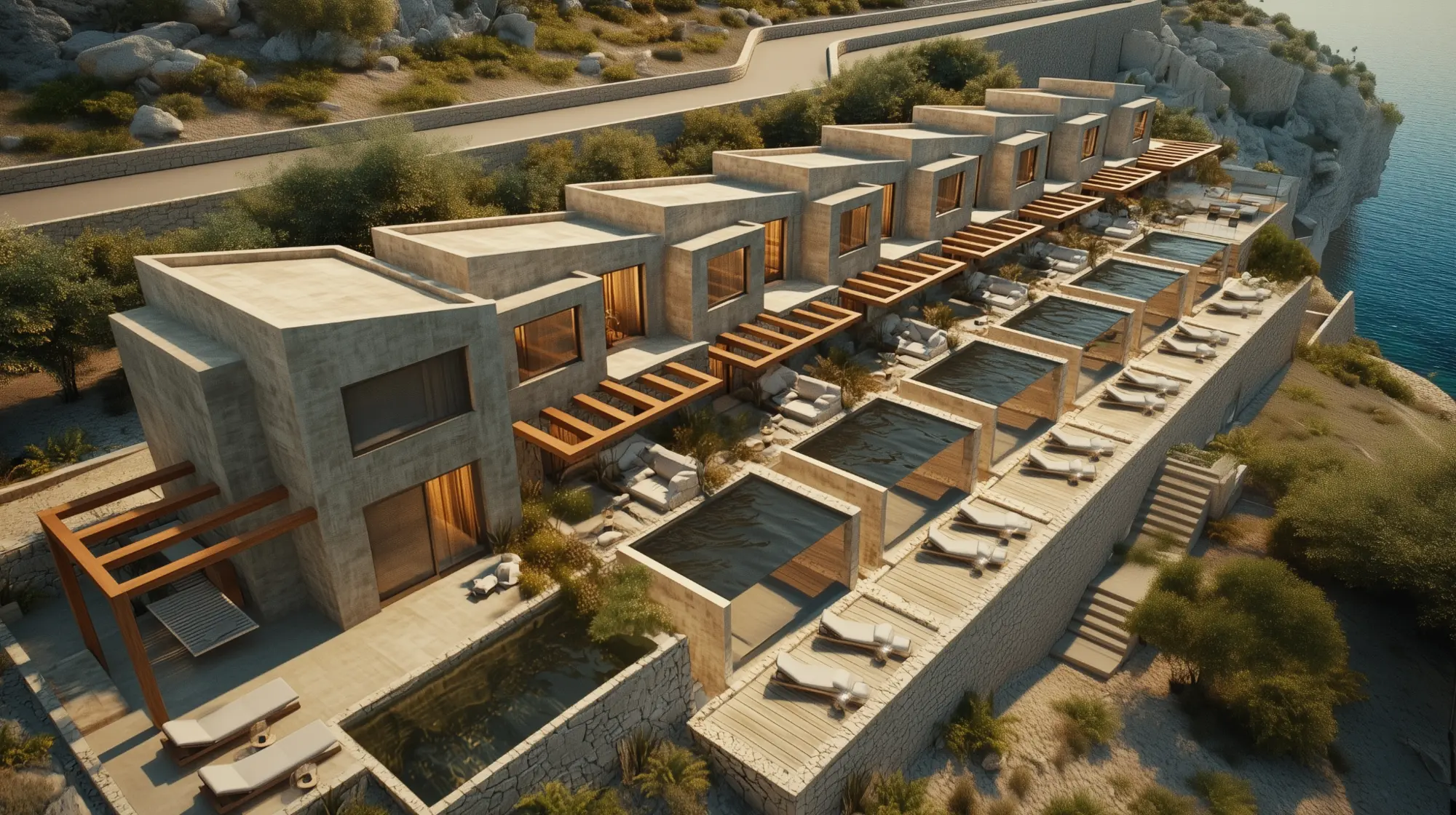 Terraced hospitality architecture integrated into a rocky coastal landscape