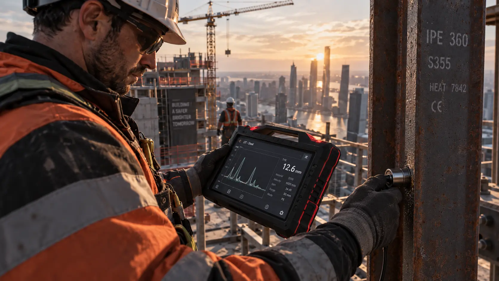 Construction worker using a digital inspection tool on a high-rise structure