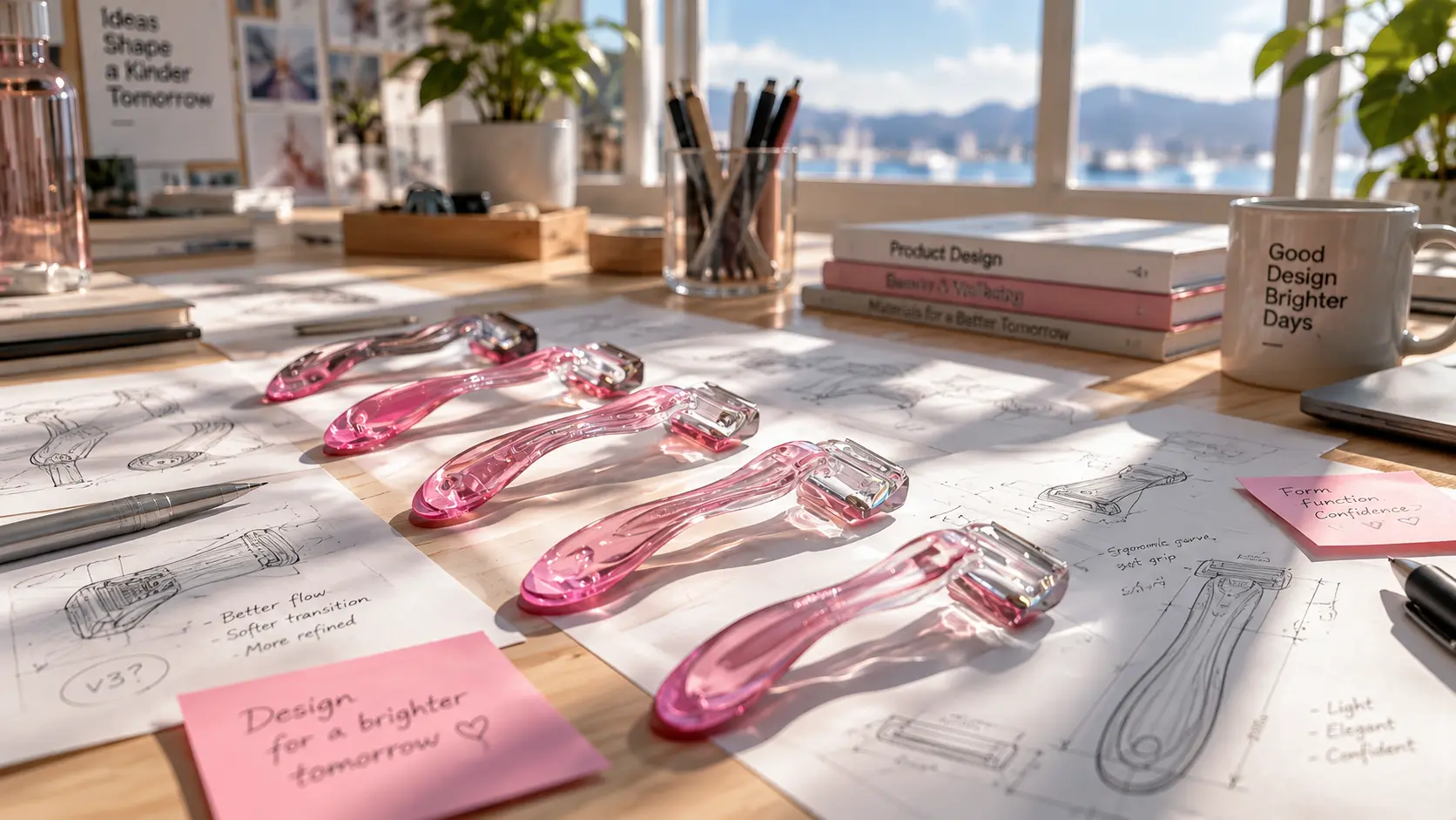 Transparent razor prototypes and design sketches on a studio desk